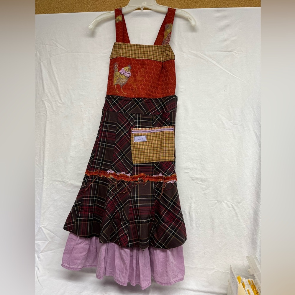 Handmade Eclectic Patchwork Pinafore Dress – Upcycled Farmhouse Style w/Rooster